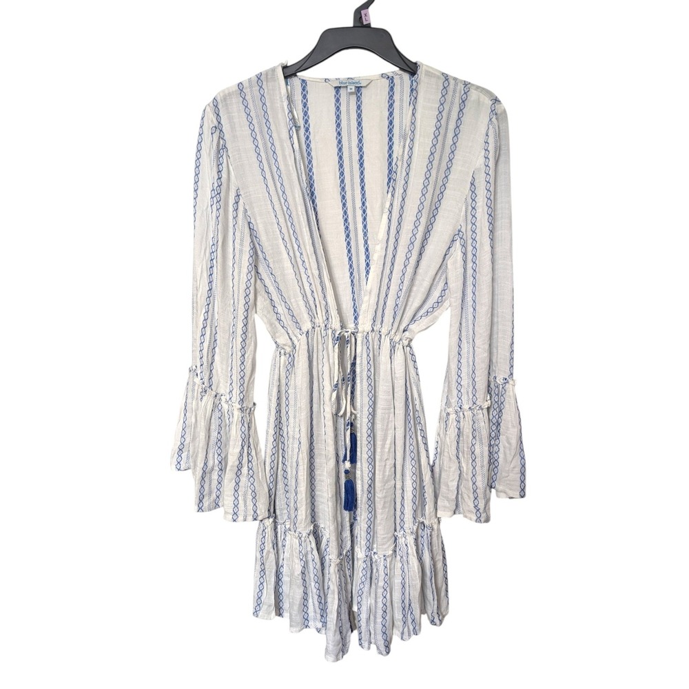 Blue Island Womens White Blue Striped Tassel Tie Front Swim Cover Up Dress M